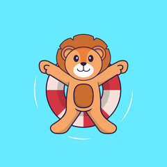 Cute lion is Swimming with a buoy. Animal cartoon concept isolated. Can used for t-shirt, greeting card, invitation card or mascot. Flat Cartoon Style