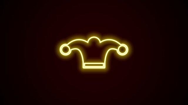 Glowing neon line Jester hat with bells isolated on black background. Clown icon. Amusement park funnyman sign. 4K Video motion graphic animation