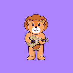 Cute lion playing guitar. Animal cartoon concept isolated. Can used for t-shirt, greeting card, invitation card or mascot. Flat Cartoon Style