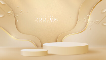 Luxury abstract background, leaves overlapping on golden curve lines with cylinder shape podium for show product scene. cream color stage about sweet feeling. paper cut style. vector illustration.