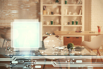 Multi exposure of data theme drawing and office interior background. Concept of technology.