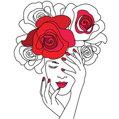 linear abstract portrait of a beautiful girl with roses. black and white contour drawing with accents 
red color. it can be used as a print on a T-shirt. stock vector illustration. EPS 10.