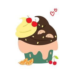 Cute cartoon of chocolate cupcake with vanilla and biscuit toppings. Simple vector for poster, wallpaper, background, icon or logo