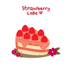 Cute cartoon strawberry slice cake with toppings. Simple vector for icon, logo, chat sticker, wallpaper
