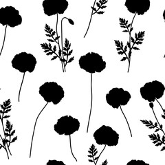 Seamless pattern poppies silhouettes flowers vector illustration. Provence wildflowers