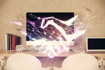 Multi exposure of handshake drawings and office interior background. Partnership concept.