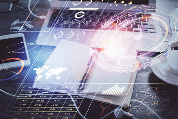 Multi exposure of data theme drawings and desk with open notebook background. Concept of education