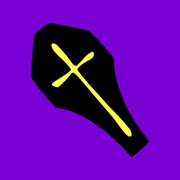 Black Silhouette Of A Coffin With A Cross In Flat Style. Vector Icon, Clipart Isolated On Dark Purple Background. Theme Of Halloween, Death, Dead, Funeral