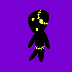 Vector cute zombie in cartoon flat style. Vector black silhouette, icon, clipart isolated on dark purple background. Theme of Happy Halloween, death, dead
