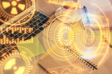 Double exposure of technology theme drawing and desktop with coffee and items on table background. Concept of high tech.