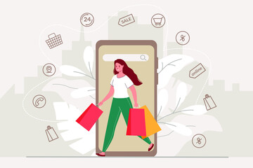Online Shopping. Women choosing and buying clothes online. Vector Illustration concept.