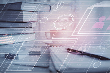 Double exposure of technology theme drawing and desktop with coffee and items on table background. Concept of data research.