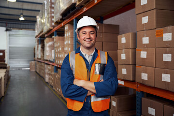Smiling portrait of a warehouse worker in protective vest and white hardhat - 440234726