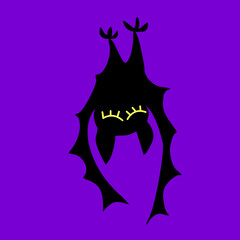Cute sleeping hanging bat drawn in cartoon flat style. Vector black silhouette, icon, clipart isolated on dark purple background. Theme of Happy Halloween