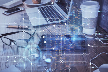 Double exposure of data theme drawing and mobile phone background. Concept of innovation