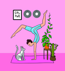 Yoga girl poster. Beautiful hand drawn illustration do yoga at home. Cartoon style drawing.