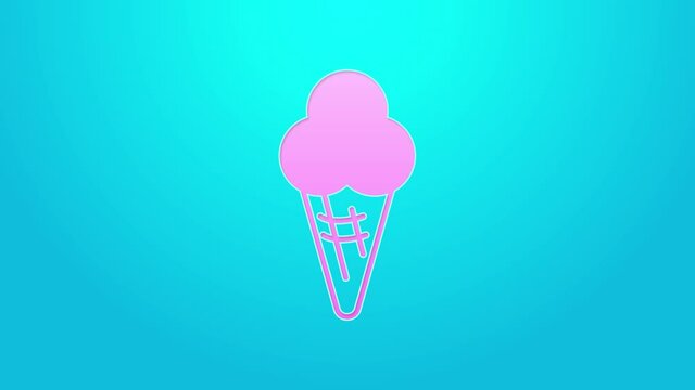 Pink line Ice cream in waffle cone icon isolated on blue background. Sweet symbol. 4K Video motion graphic animation