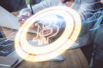 Double exposure of blockchain theme drawing over people taking notes background. Concept of cryptocurrency