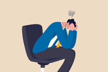 Regret on business mistake, frustration or depressed, stupidity or foolish losing all money, stressed and anxiety on failure concept, frustrated businessman holding his head sitting alone on the chair - obrazy, fototapety, plakaty