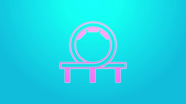 Pink line Roller coaster icon isolated on blue background. Amusement park. Childrens entertainment playground, recreation park. 4K Video motion graphic animation