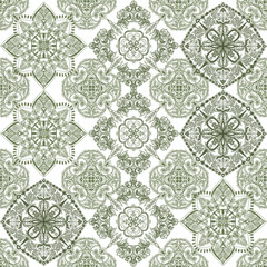 Watercolor illustration hand painting green outline Majolica sicilian mediterranean style textile and texture seamless pattern