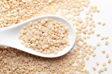 macro Close-up of Organic split polished white urad dal (Vigna mungo) on a white ceramic soup spoon. Top view,  over gradient background of itself.