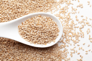 Macro Close up of Organic White Sesame seeds(Sesamum indicum) or white Til with shell on a white ceramic soup spoon. Top view,  over gradient background of itself.