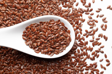 Macro Close up of  Organic Brown flaxseeds (Linum usitatissimum) or linseed on a white ceramic soup spoon. Top view, over gradient background of itself.