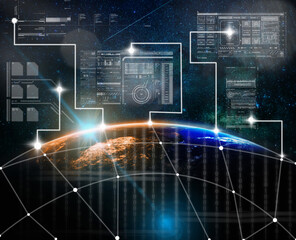 Technology digital virtual screen with the Network connection on Part of earth with sun rise and...