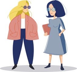 vector flat illustration of two young pretty women standing  isolated on white