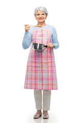 food cooking, culinary and old people concept - portrait of smiling senior woman in kitchen apron...