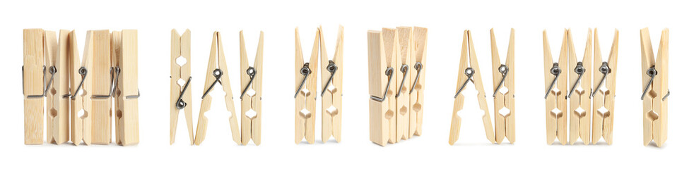 Set with wooden clothespins on white background. Banner design
