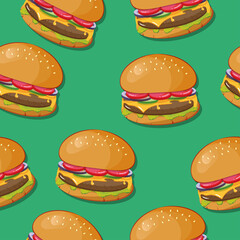 Realistic Burger, hamburger, cheeseburger. Fast food vector seamless pattern. Clip art.  Junk food on Green. Vector illustration