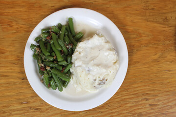 Mashed Potatoes and Green Beans in Rural Cafe Restaurant