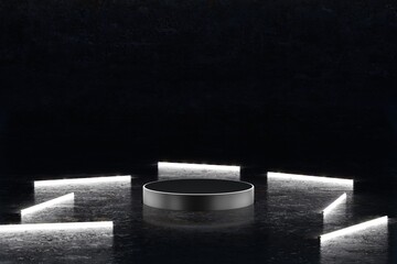 Neon podium with neon tube on dark background. 3d illustration rendering . modern . simple . minimalist . dark . elegant . metallic . for business , event , holiday and etc .