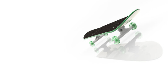 3d render, illustration of a skateboard for fingers. Small green fingerboard with transparent wheels on white background, isolated view. © Romafa
