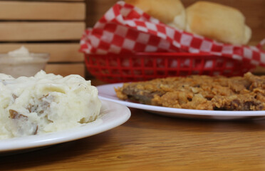 Mashed Potatoes and Green Beans in Rural Cafe Restaurant