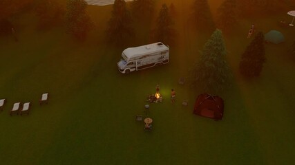 Family camping near the lake, sunset time, top view