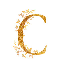Gold Branch and alphabet - letter C with gold twigs composition.Gold alphabet letter on white background. A logo design element for a collection of T-shirts.