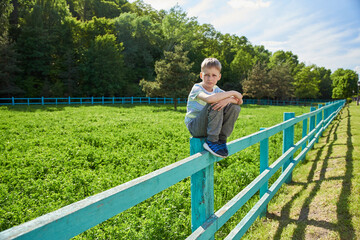 A 9 year old boy sits on a corral fence near the meadow