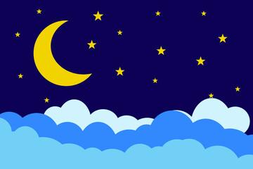 Obraz na płótnie Canvas Flat style illustration yellow moon stars and blue clouds background design. Good to use for banner, social media template, poster and flyer template, etc.