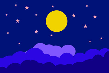 Fototapeta premium Flat style illustration yellow moon stars and blue clouds background design. Good to use for banner, social media template, poster and flyer template, etc.
