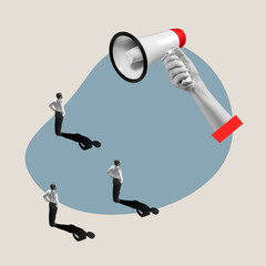 Flat isometric view of businessmen and woman and laptop with male hand with megaphone. Office items...