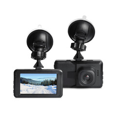 Modern car dashboard cameras on white background in collage, one with photo of road