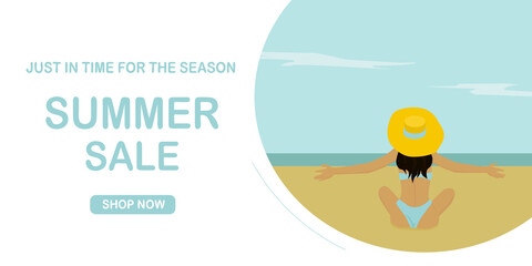 Summer sale banner with woman in the big yellow hat sunbathing on the beach. Vector illustration.