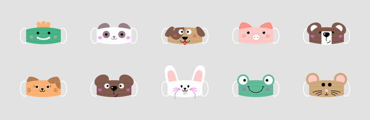 Set of funny reusable mouth masks of frog, panda, dog, pig, bear, cat, rabbit, dragon and mouse in vector. Cute animalistic multicolored medical masks on gray background © unimaginary