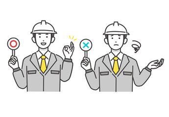 正解と不正解の棒を持つ作業員男性のベクターイラスト素材／〇×／現場監督