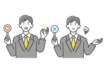 正解と不正解の棒を持つスーツの男性のベクターイラスト素材／〇×／ビジネス