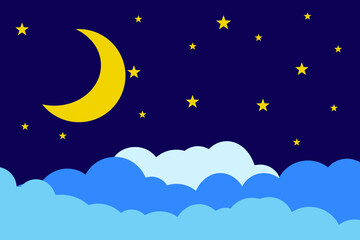 Fototapeta na wymiar Flat style illustration yellow moon stars and blue clouds background design. Good to use for banner, social media template, poster and flyer template, etc.