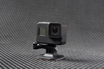 isolated black video action camera, adventure and sport  mdeia equipment